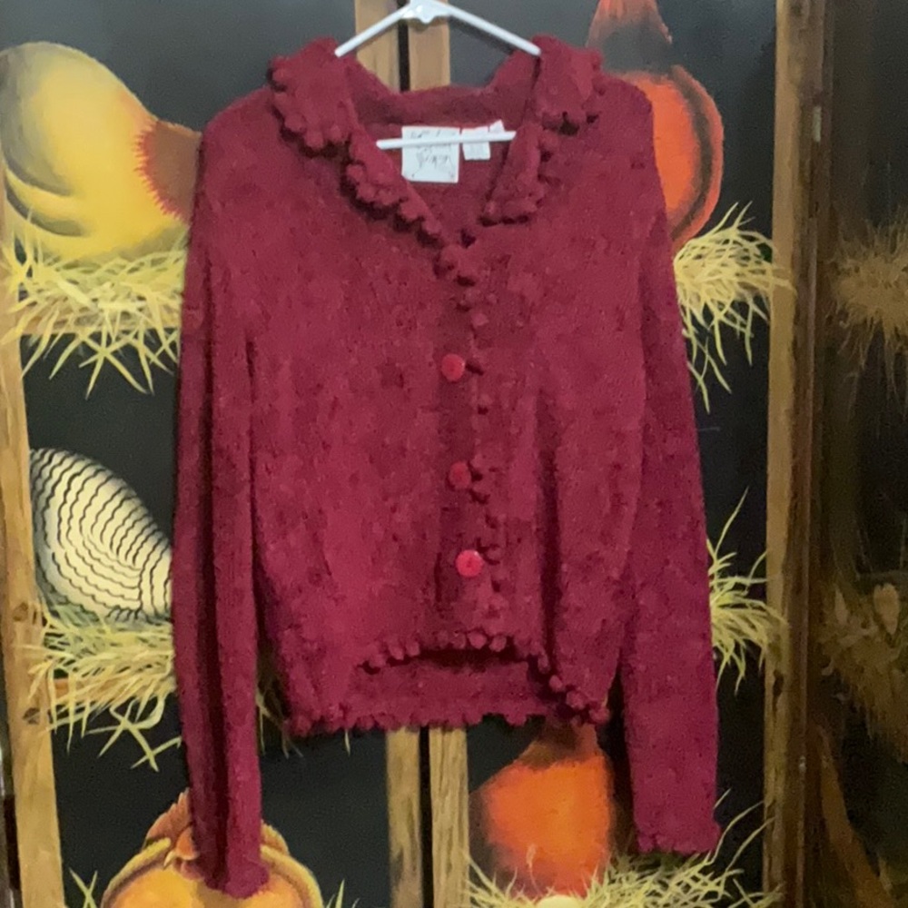 Michael Simon Women's Red Sweater with Pom-Pom Details